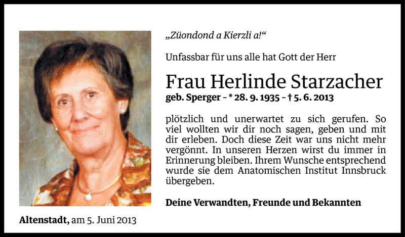  Todesanzeige für Herlinde Starzacher vom 15.06.2013 aus Vorarlberger Nachrichten