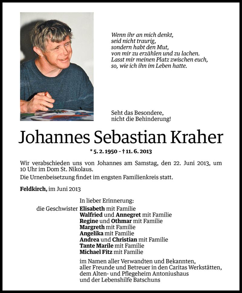  Todesanzeige für Johannes Sebastian Kraher vom 14.06.2013 aus Vorarlberger Nachrichten