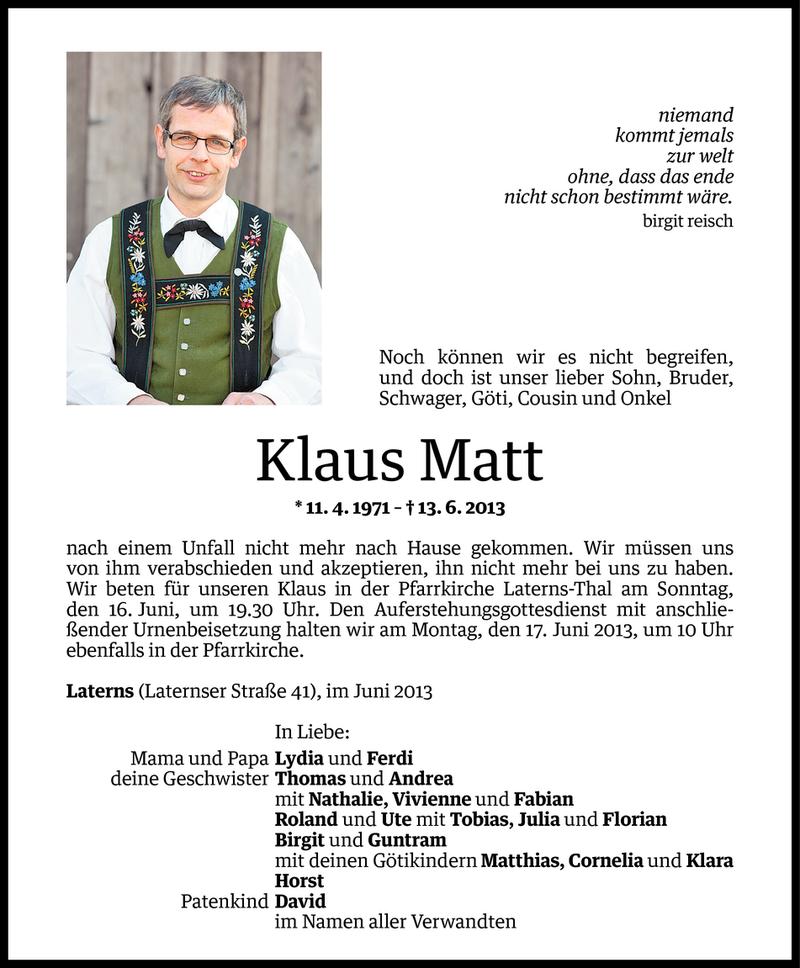  Todesanzeige für Klaus Matt vom 14.06.2013 aus Vorarlberger Nachrichten