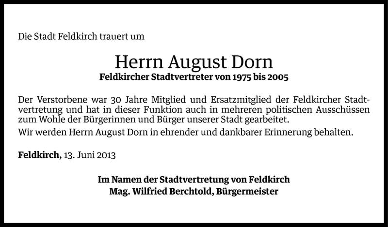  Todesanzeige für August Dorn vom 16.06.2013 aus Vorarlberger Nachrichten