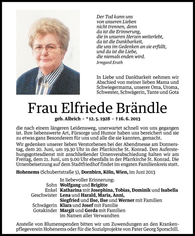  Todesanzeige für Elfriede Brändle vom 18.06.2013 aus Vorarlberger Nachrichten