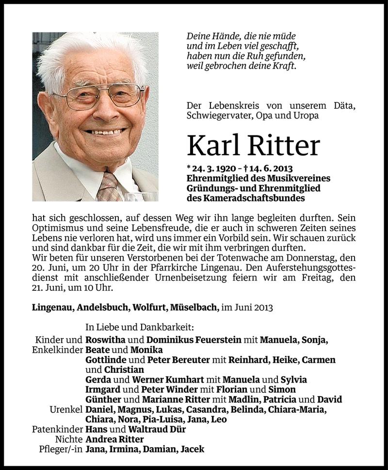  Todesanzeige für Karl Ritter vom 18.06.2013 aus Vorarlberger Nachrichten