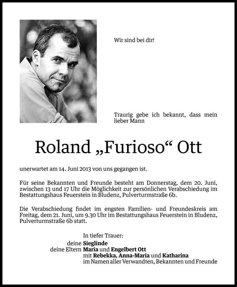  Todesanzeige für Roland Ott vom 19.06.2013 aus Vorarlberger Nachrichten