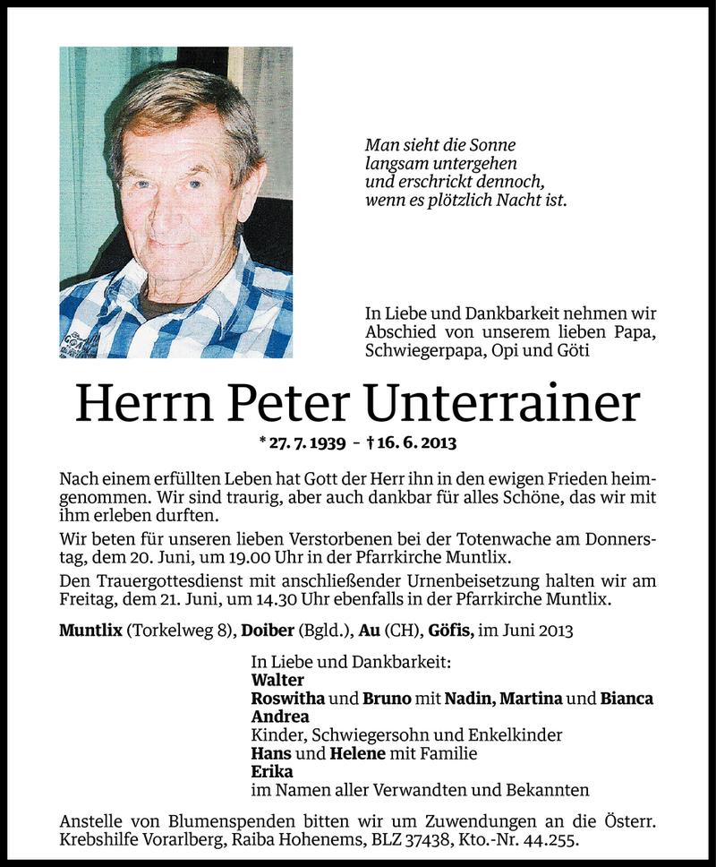  Todesanzeige für Peter Unterrainer vom 19.06.2013 aus Vorarlberger Nachrichten