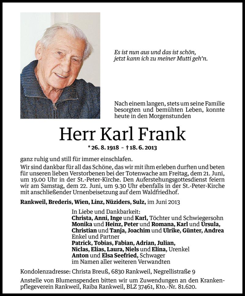  Todesanzeige für Karl Frank vom 19.06.2013 aus Vorarlberger Nachrichten