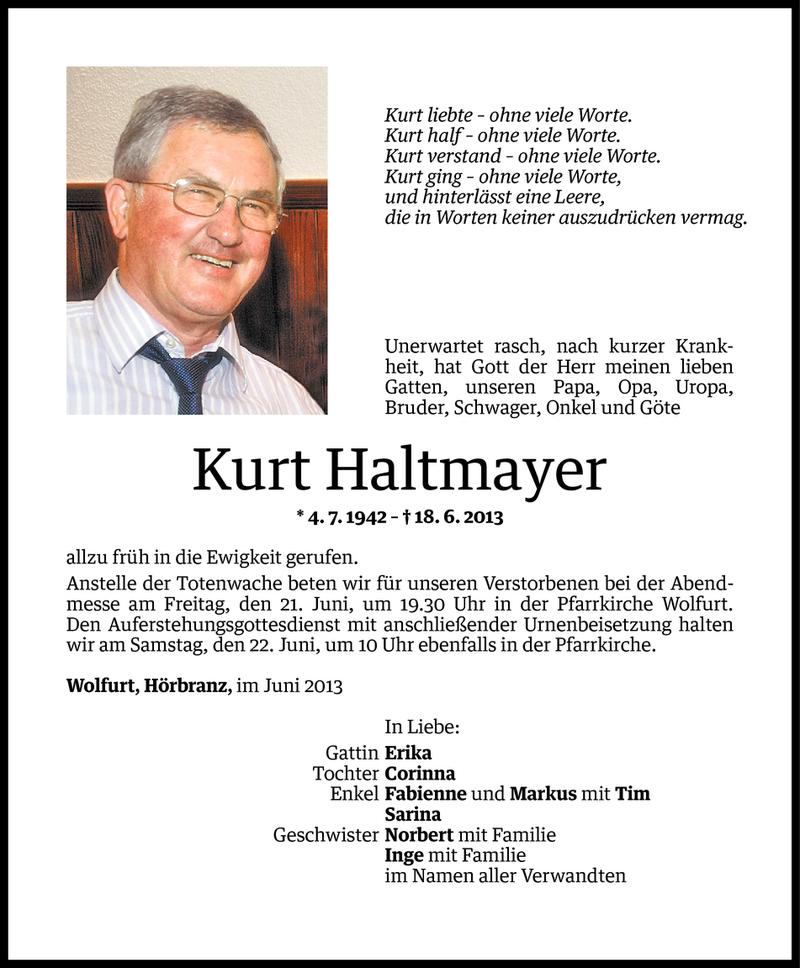  Todesanzeige für Kurt Haltmayer vom 19.06.2013 aus Vorarlberger Nachrichten