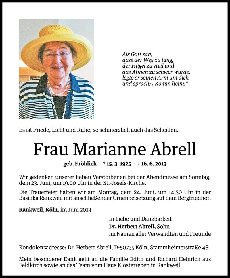  Todesanzeige für Marianne Abrell vom 21.06.2013 aus Vorarlberger Nachrichten