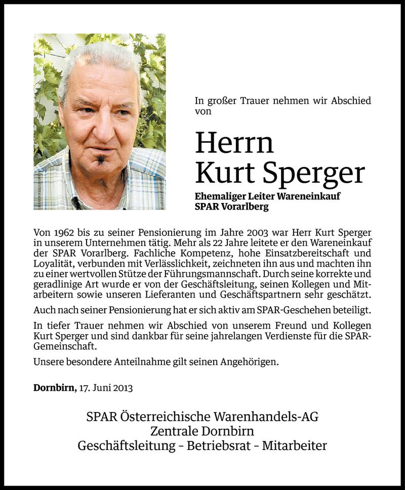  Todesanzeige für Kurt Sperger vom 20.06.2013 aus Vorarlberger Nachrichten
