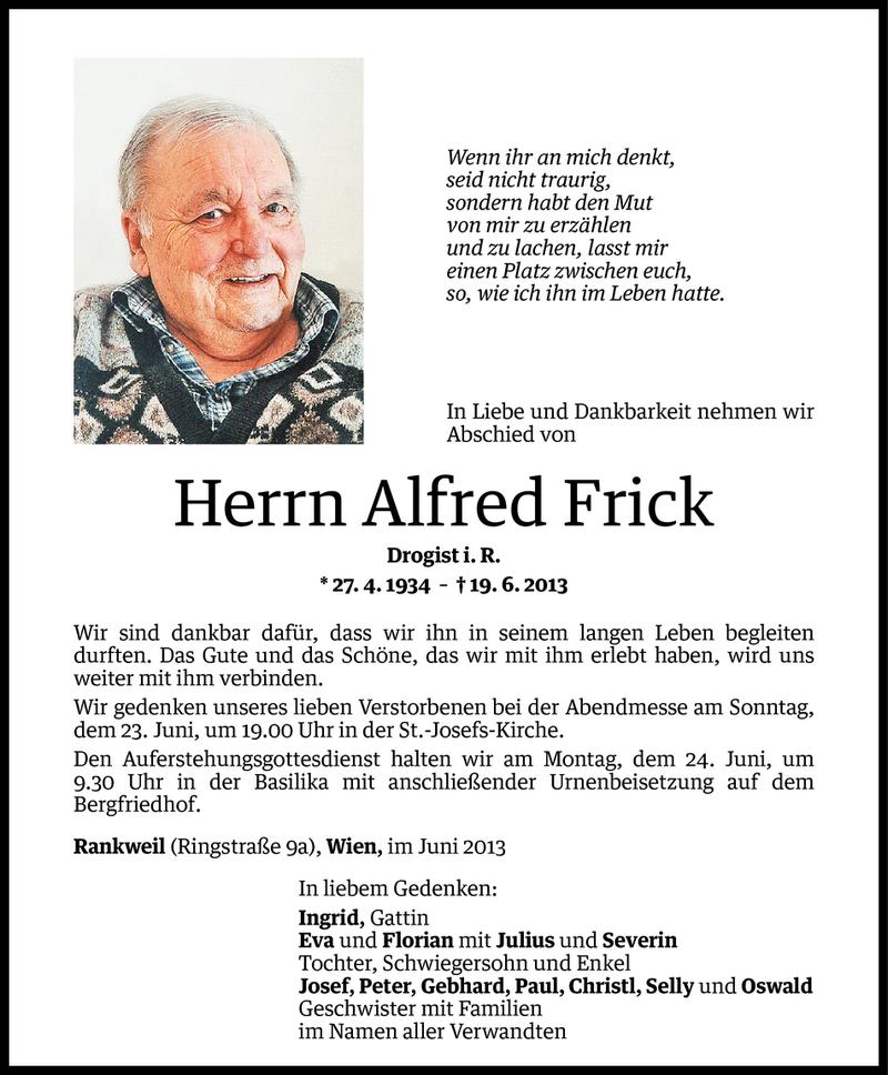  Todesanzeige für Alfred Frick vom 22.06.2013 aus Vorarlberger Nachrichten