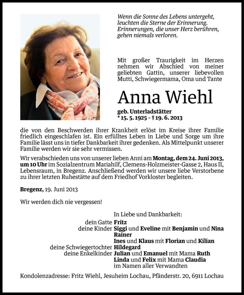  Todesanzeige für Anna Wiehl vom 21.06.2013 aus Vorarlberger Nachrichten