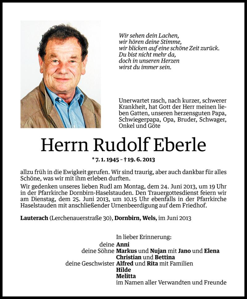  Todesanzeige für Rudolf Eberle vom 21.06.2013 aus Vorarlberger Nachrichten