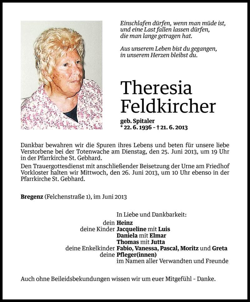  Todesanzeige für Theresia Feldkircher vom 23.06.2013 aus Vorarlberger Nachrichten