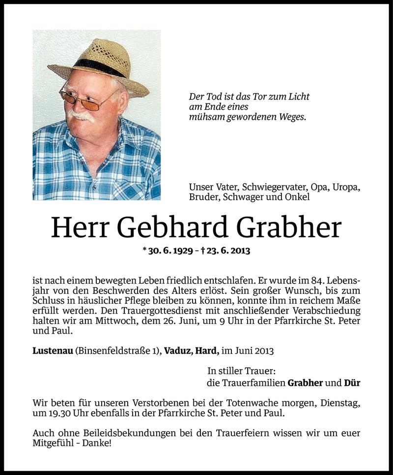  Todesanzeige für Gebhard Grabher vom 23.06.2013 aus Vorarlberger Nachrichten