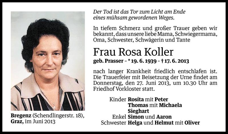  Todesanzeige für Rosa Koller vom 24.06.2013 aus Vorarlberger Nachrichten