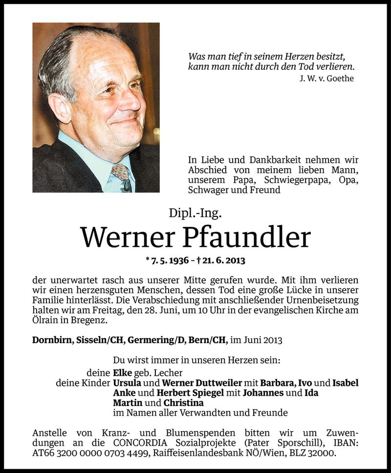  Todesanzeige für Dipl.-Ing. Werner Pfaundler vom 24.06.2013 aus Vorarlberger Nachrichten