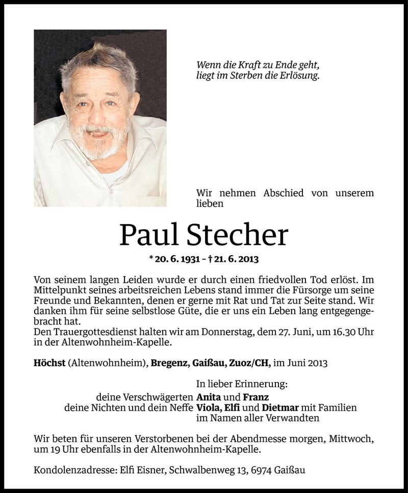  Todesanzeige für Paul Stecher vom 25.06.2013 aus Vorarlberger Nachrichten