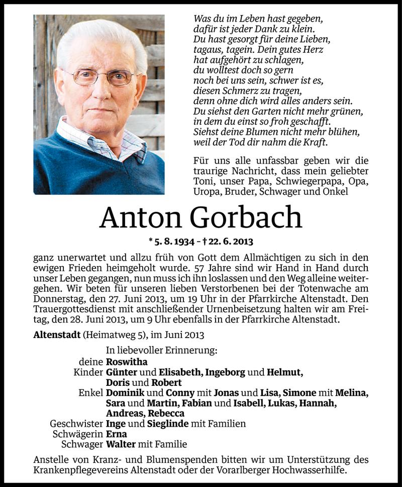  Todesanzeige für Anton Gorbach vom 25.06.2013 aus Vorarlberger Nachrichten