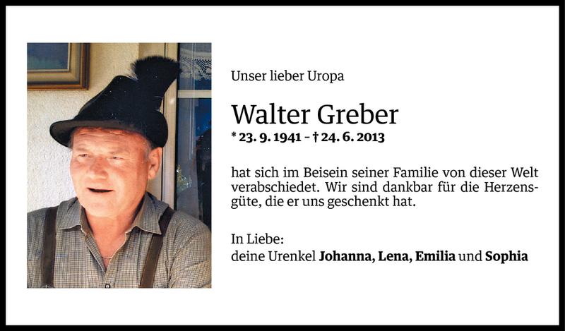  Todesanzeige für Walter Greber vom 25.06.2013 aus Vorarlberger Nachrichten