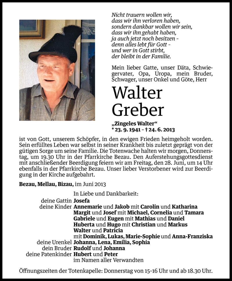  Todesanzeige für Walter Greber vom 25.06.2013 aus Vorarlberger Nachrichten