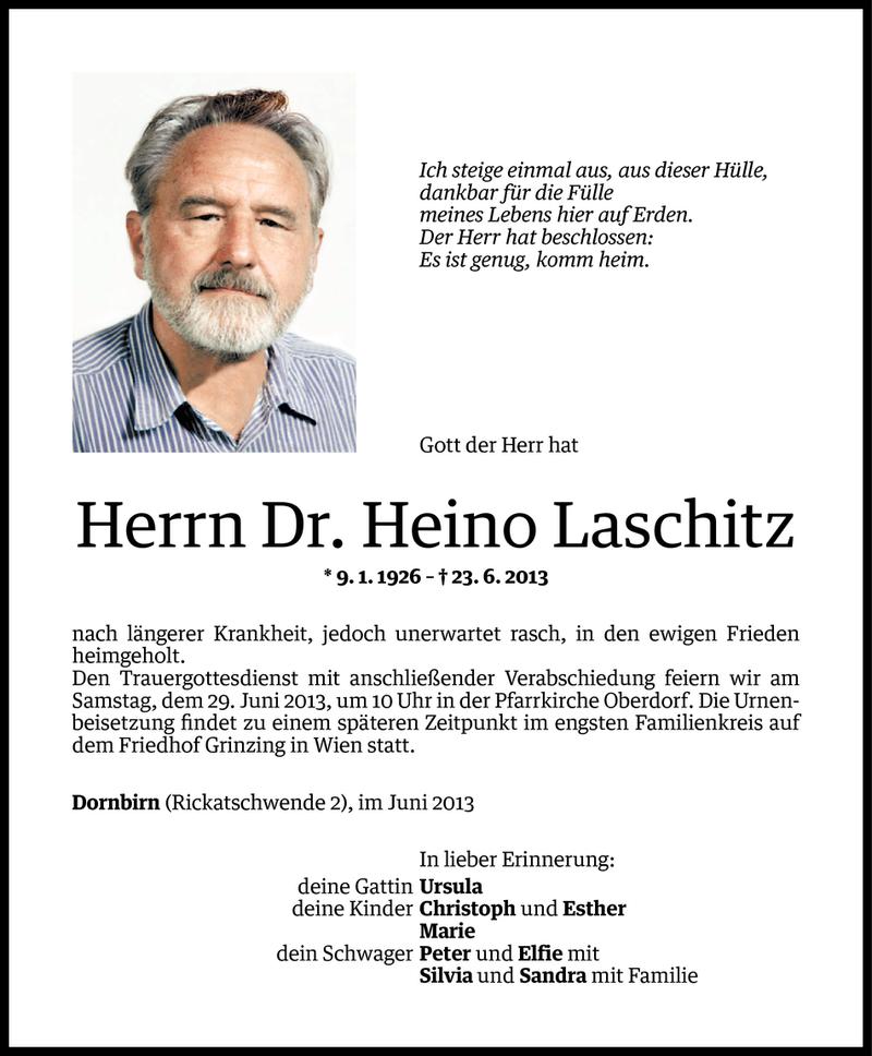  Todesanzeige für Heino Laschitz vom 25.06.2013 aus Vorarlberger Nachrichten