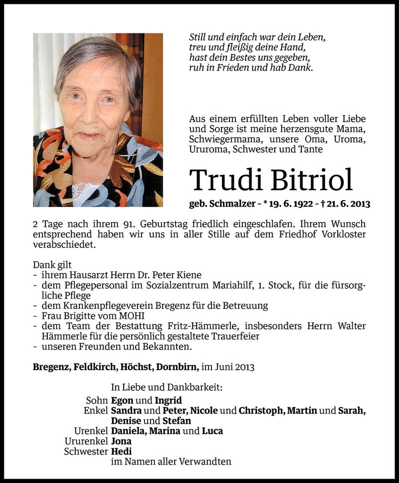  Todesanzeige für Trudi Bitriol vom 26.06.2013 aus Vorarlberger Nachrichten