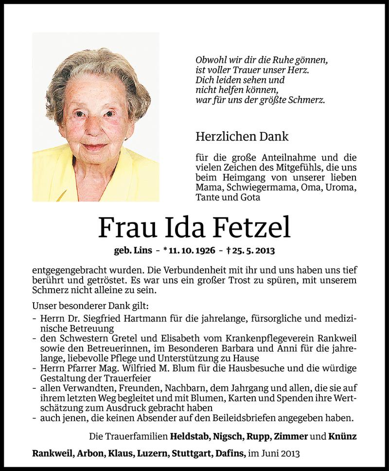  Todesanzeige für Ida Fetzel vom 28.06.2013 aus Vorarlberger Nachrichten