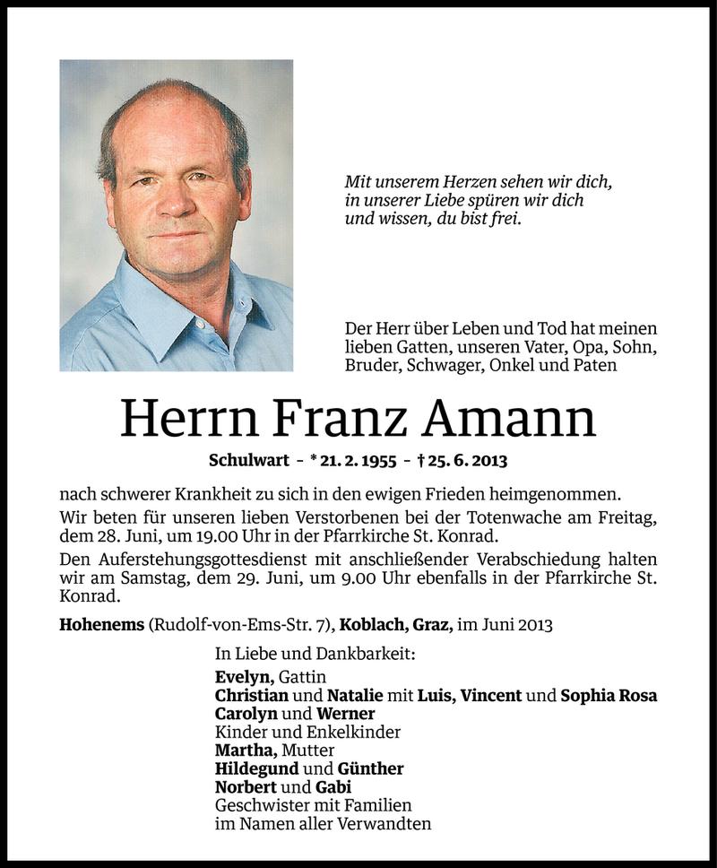  Todesanzeige für Franz Amann vom 27.06.2013 aus Vorarlberger Nachrichten