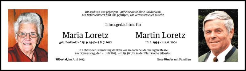  Todesanzeige für Maria und Martin Loretz vom 28.06.2013 aus Vorarlberger Nachrichten