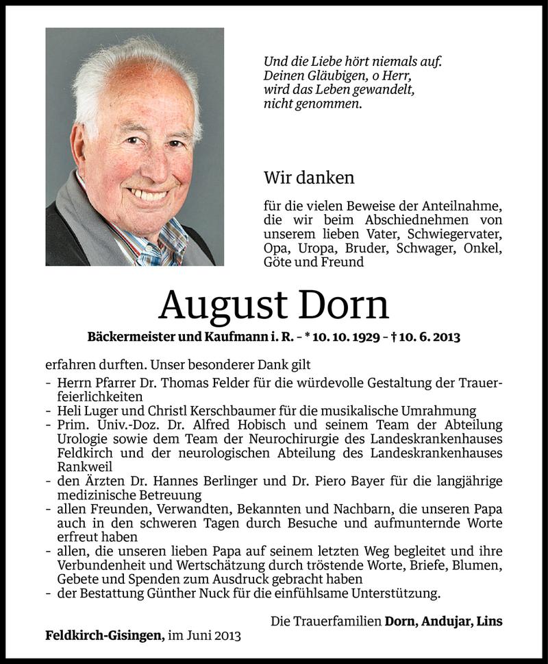  Todesanzeige für August Dorn vom 28.06.2013 aus Vorarlberger Nachrichten