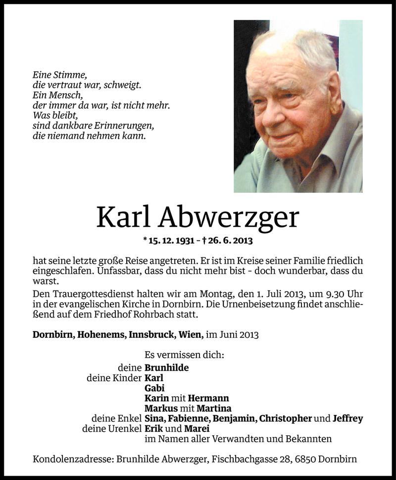  Todesanzeige für Karl Abwerzger vom 28.06.2013 aus Vorarlberger Nachrichten