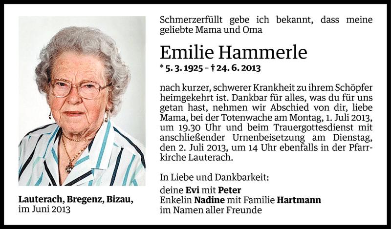  Todesanzeige für Emilie Hammerle vom 28.06.2013 aus Vorarlberger Nachrichten