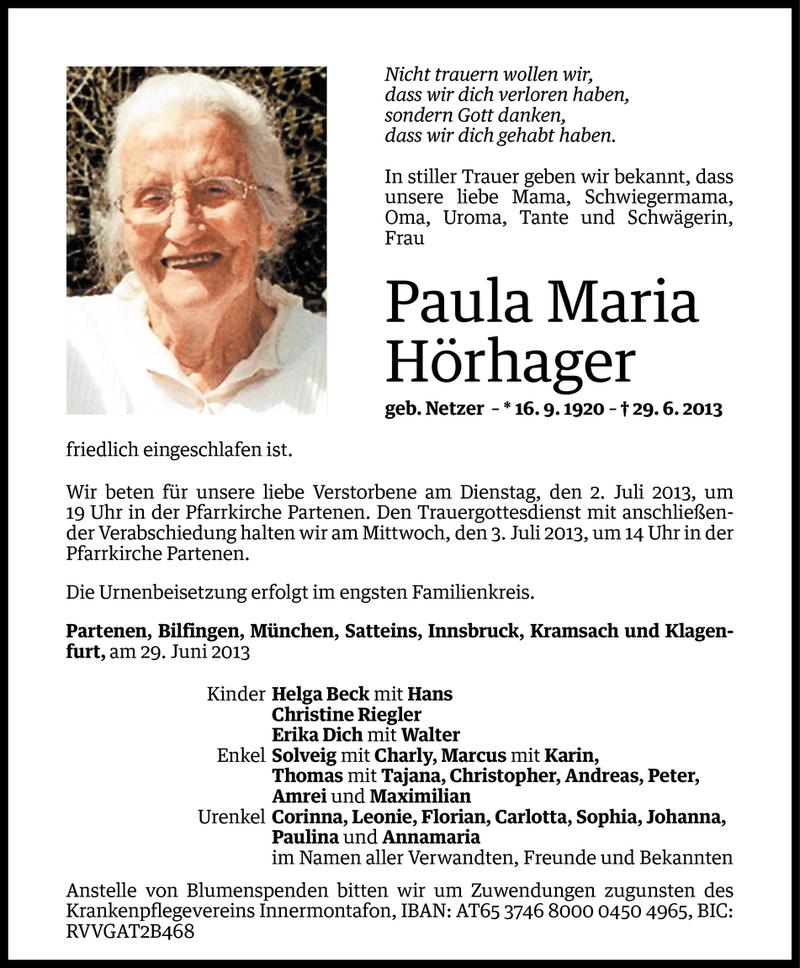  Todesanzeige für Paula Maria Hörhager vom 30.06.2013 aus Vorarlberger Nachrichten