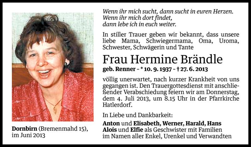  Todesanzeige für Hermine Brändle vom 01.07.2013 aus Vorarlberger Nachrichten