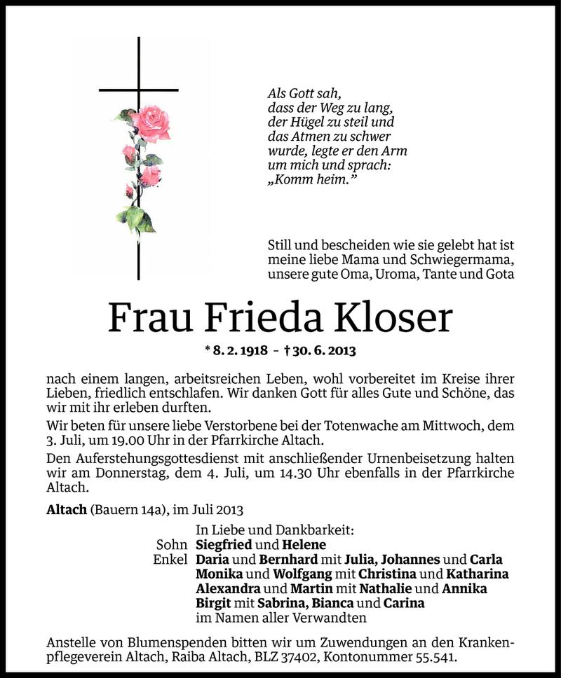  Todesanzeige für Frieda Kloser vom 02.07.2013 aus Vorarlberger Nachrichten