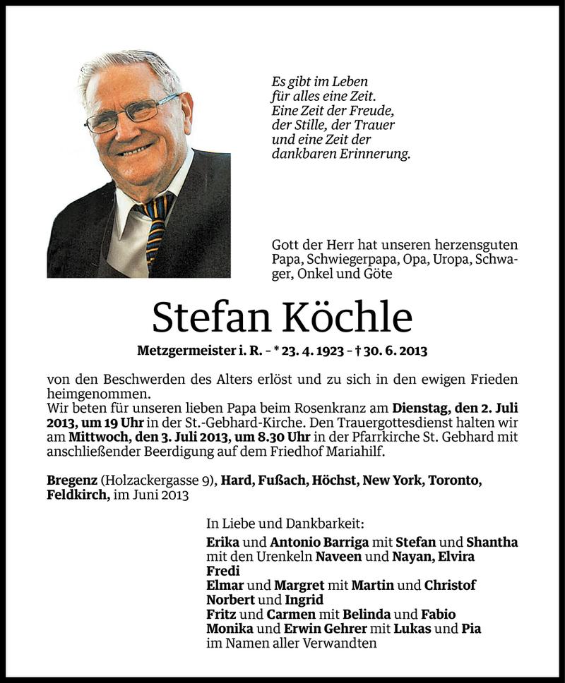  Todesanzeige für Stefan Köchle vom 01.07.2013 aus Vorarlberger Nachrichten