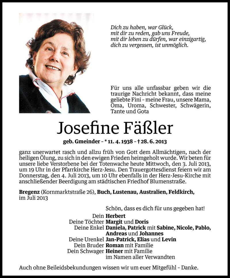  Todesanzeige für Josefine Fäßler vom 01.07.2013 aus Vorarlberger Nachrichten