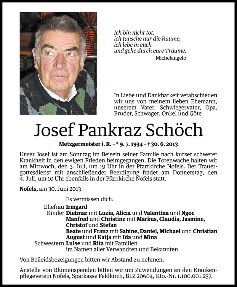  Todesanzeige für Josef Pankraz Schöch vom 01.07.2013 aus Vorarlberger Nachrichten