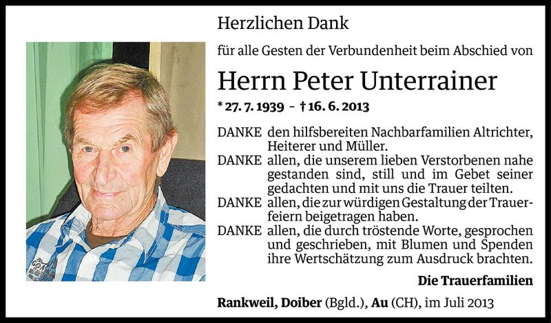 Todesanzeige für Peter Unterrainer vom 05.07.2013 aus Vorarlberger Nachrichten