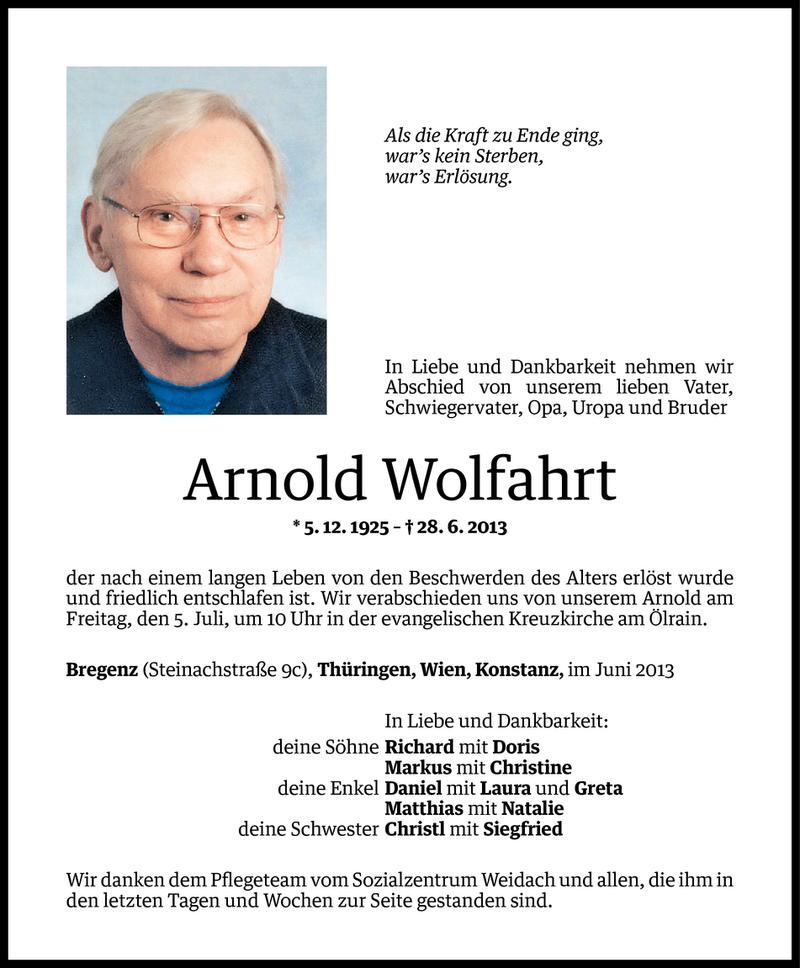  Todesanzeige für Arnold Wolfahrt vom 02.07.2013 aus Vorarlberger Nachrichten