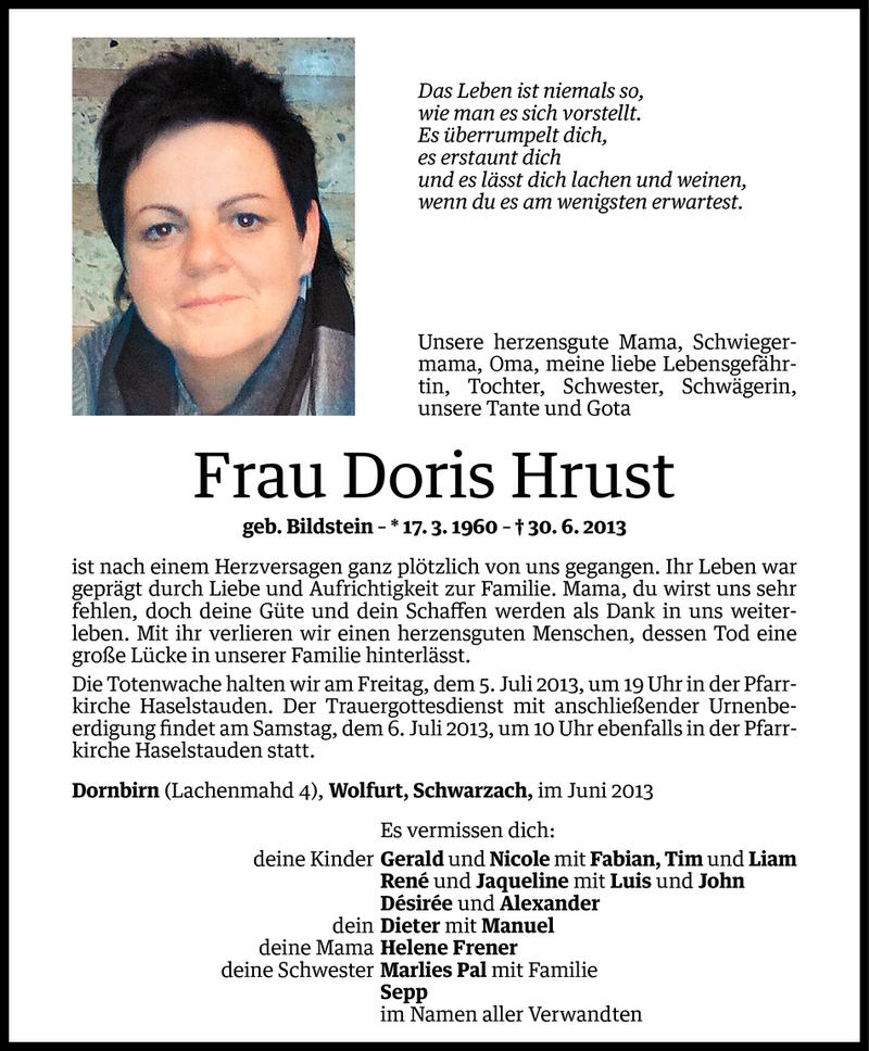  Todesanzeige für Doris Hrust vom 02.07.2013 aus Vorarlberger Nachrichten