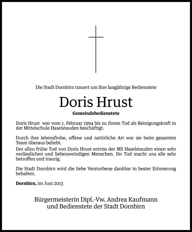  Todesanzeige für Doris Hrust vom 02.07.2013 aus Vorarlberger Nachrichten