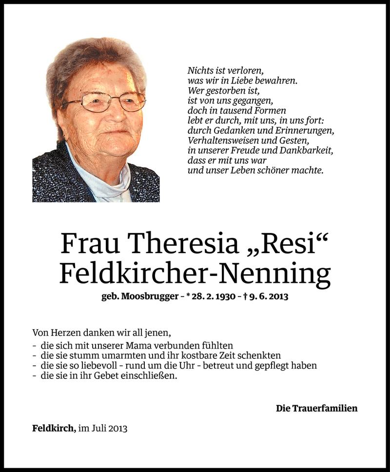  Todesanzeige für Theresia Feldkircher-Nenning vom 02.07.2013 aus Vorarlberger Nachrichten