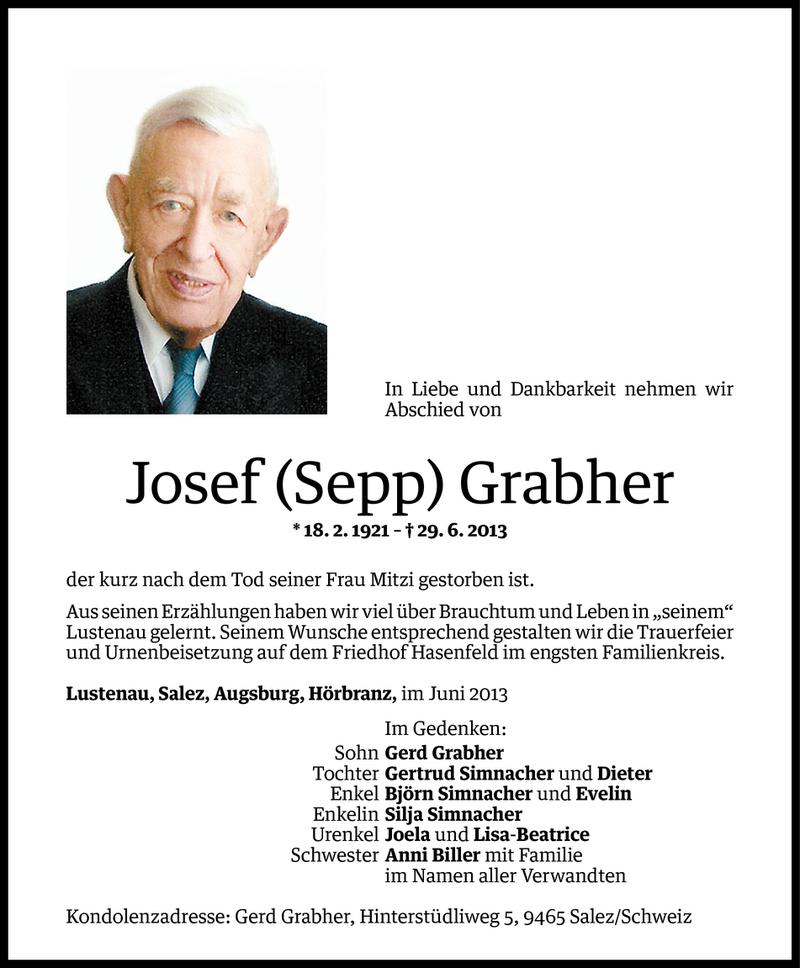  Todesanzeige für Josef Sepp Grabher vom 03.07.2013 aus Vorarlberger Nachrichten