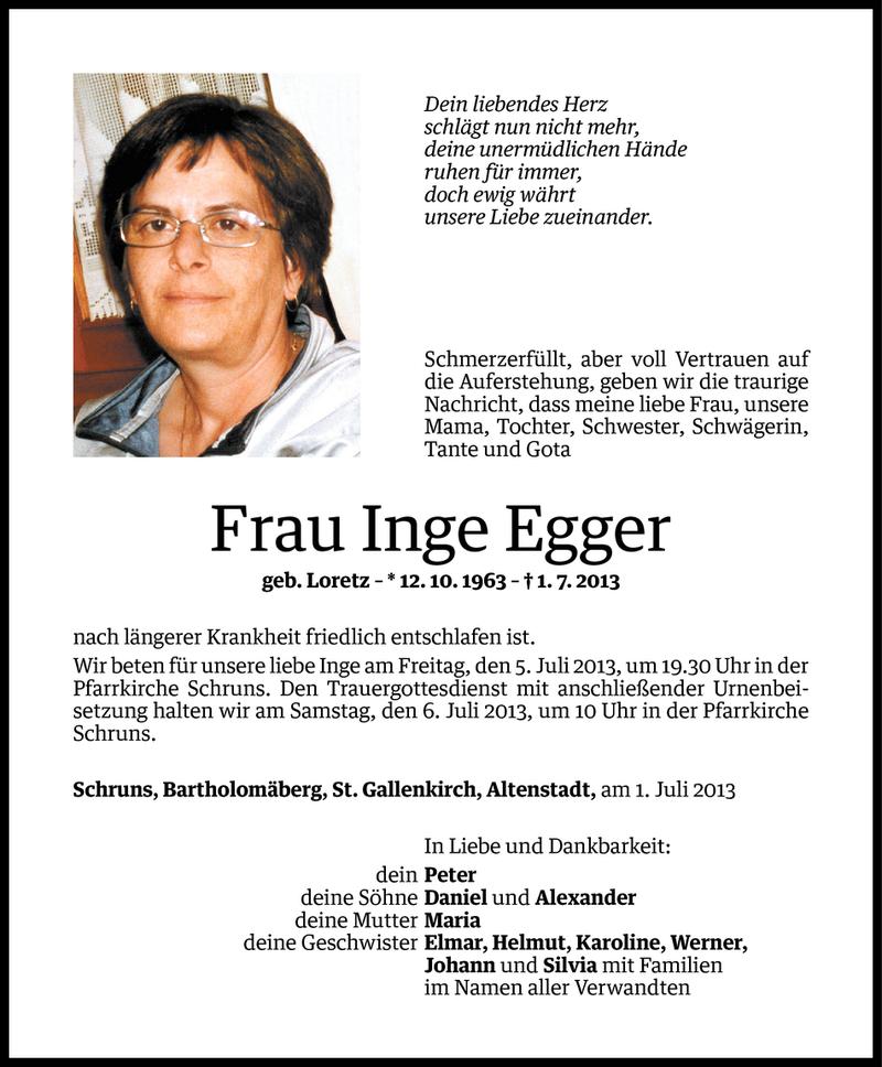 Todesanzeigen von Inge Egger | Todesanzeigen Vorarlberger Nachrichten