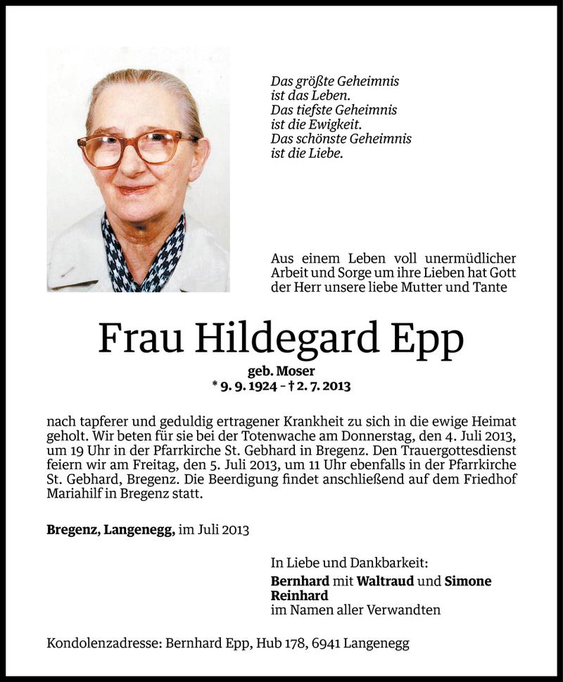  Todesanzeige für Hildegard Epp vom 03.07.2013 aus Vorarlberger Nachrichten