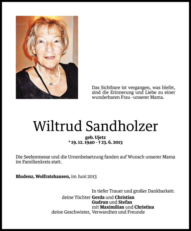  Todesanzeige für Wiltrud Sandholzer vom 06.07.2013 aus Vorarlberger Nachrichten