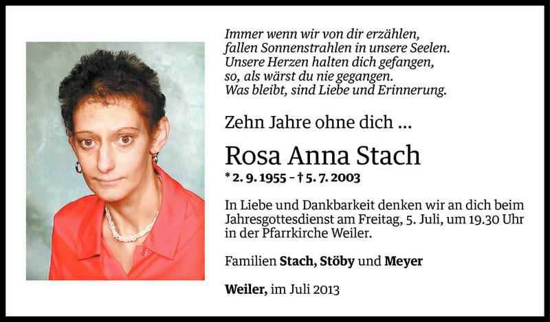  Todesanzeige für Rosa Anna Stach vom 04.07.2013 aus Vorarlberger Nachrichten