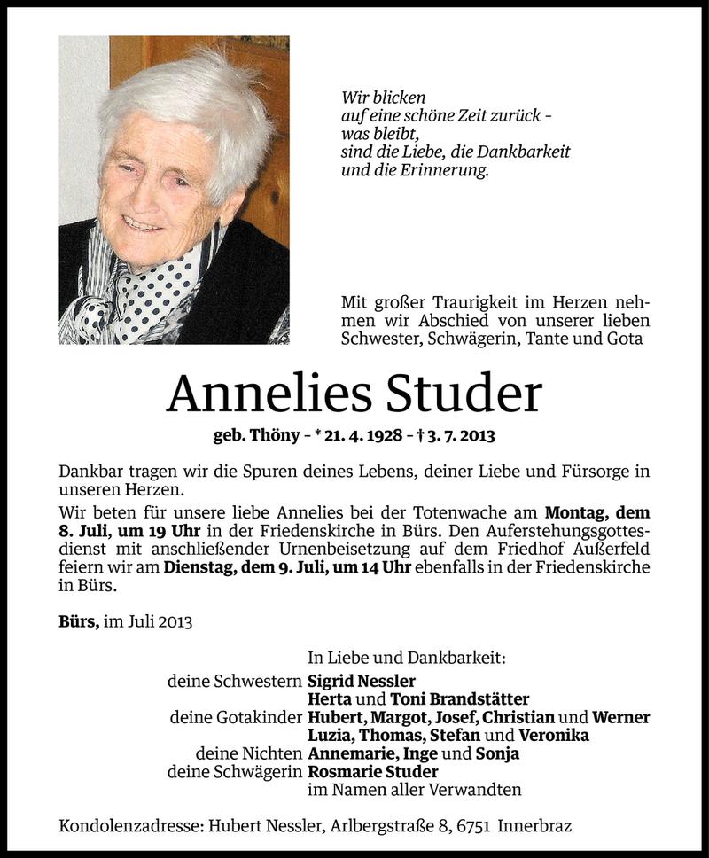  Todesanzeige für Annelies Studer vom 06.07.2013 aus Vorarlberger Nachrichten