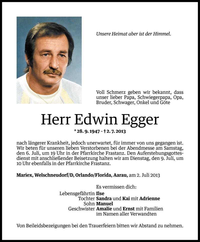  Todesanzeige für Edwin Egger vom 04.07.2013 aus Vorarlberger Nachrichten