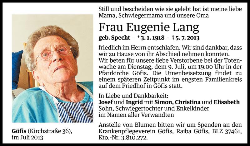  Todesanzeige für Eugenie Lang vom 06.07.2013 aus Vorarlberger Nachrichten